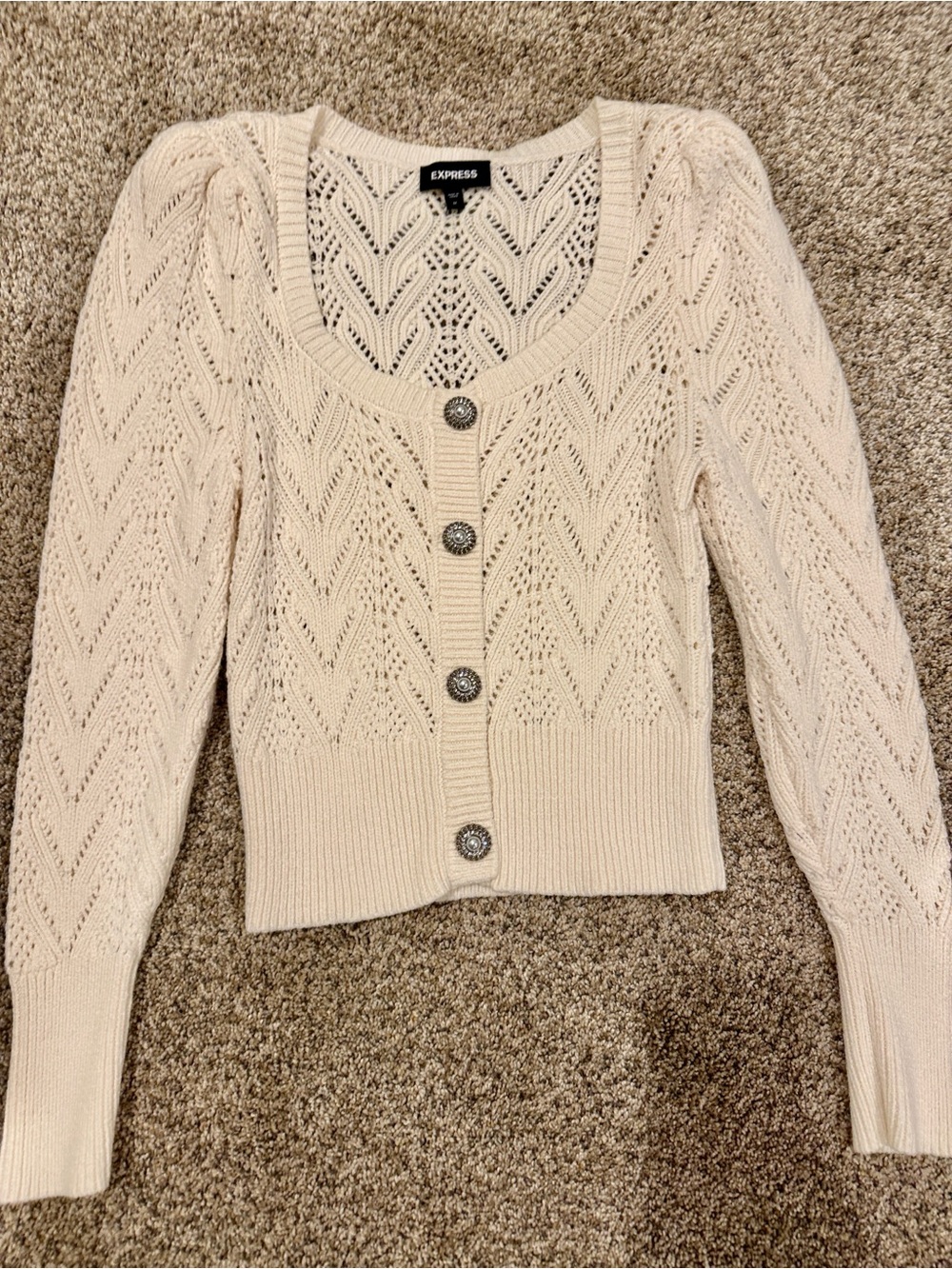 Express Cream Open-Knit V-Neck Button Cardigan with pearl/rhinestone buttons